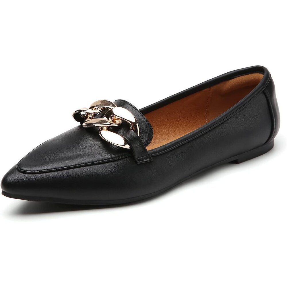 Women's Buckle Chain Slip On Pointed Toe Stylish Black Blats Loafers Shoes
